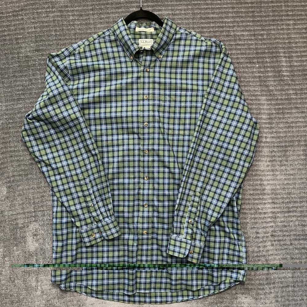 LL Bean Shirt Men's XLT Wrinkle Resistant Blue Green Plaid Button Down Shirt